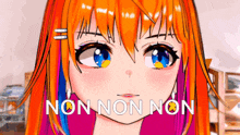 a close up of a girl 's face with the words non non non below her