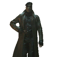 a man wearing a mask and a beret is standing in a dark room