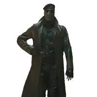 a man wearing a mask and a beret is standing in a dark room