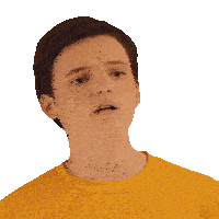 a young man wearing a yellow shirt makes a surprised face
