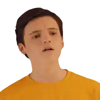 a young man wearing a yellow shirt makes a surprised face