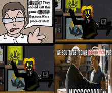 a cartoon of a man talking to another man with the caption " they should call this game slaughterhouse "