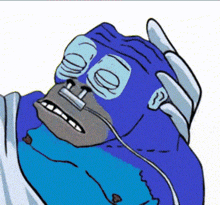 a cartoon drawing of a blue gorilla with an oxygen mask on