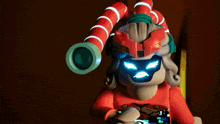 a lego character with a telescope on his head and glowing eyes