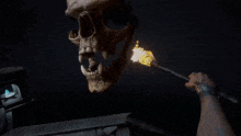 a person is holding a torch in front of a skull hanging from chains