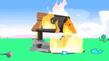 a cartoon drawing of a house on fire with a hammer in the foreground
