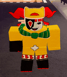 a cartoon character is wearing a yellow and green outfit with a cross on it