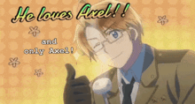 a cartoon character giving a thumbs up with the words he loves axel and only axel