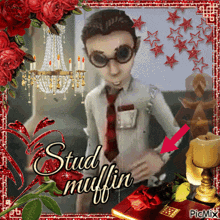 a picture of a man in a suit and tie with the words stud muffin on it