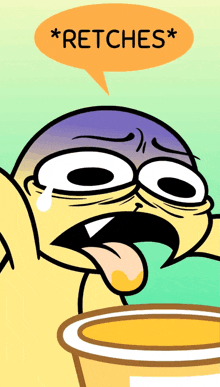 a cartoon character with a speech bubble that says ' * retches * '