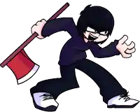 a cartoon character is running and holding a large red axe