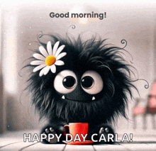 a cartoon monster with a daisy on its head and a cup of coffee