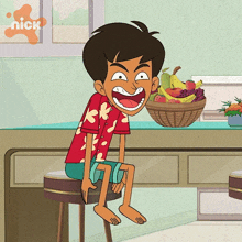a cartoon of a boy sitting on a stool with a nick logo in the corner