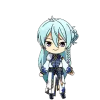 a cartoon character with long blue hair is standing in front of flowers
