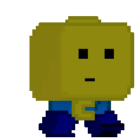 a pixel art drawing of a yellow cube with a black face and blue pants .
