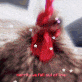 a close up of a chicken with the words merrily we fall out of line written below it