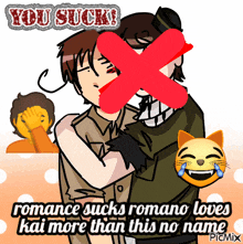 a cartoon of a man holding another man with a red cross over his face with the words you suck