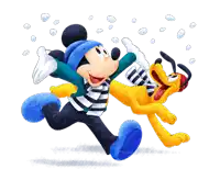 mickey mouse and pluto are playing in the snow together