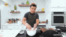 a man prepares food in a kitchen with a panlasang pinoy logo behind him