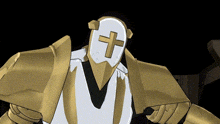 a cartoon character with a white mask with a cross on it