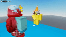 a cartoon character with a cone on his head and a sign that says " stand ready to flood "