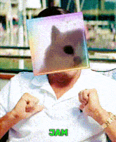 a man wearing a rainbow colored box on his face with the word jam below him