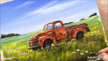 a painting of an old rusty truck in a field of flowers made in animatica