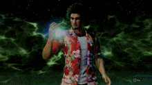 a video game screen shows a man in a floral shirt holding something