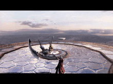 a video game scene shows a man holding a large sword