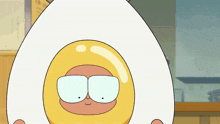 a cartoon character is wearing glasses and a yellow egg costume