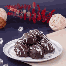 a white plate topped with a pile of chocolate covered treats