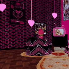 a room with hearts hanging from the ceiling and a poster that says xoxo on it