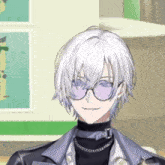 a boy with white hair and glasses is smiling