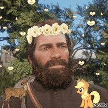 a man with a beard has a flower crown on his head and a picture of a pony and a deer