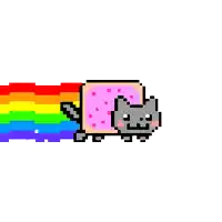a pixel art of a cat with a rainbow behind it .
