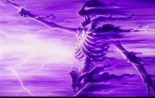 a skeleton is holding a lightning bolt in a purple lightning storm .