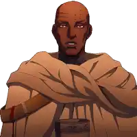 a bald man with a scarf around his neck is holding a cup with the letters g and e on it