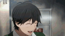 a man with black hair is smiling in front of a sign that says fire