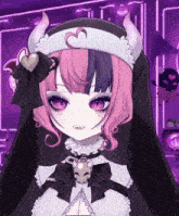 a girl with pink hair and horns is wearing a necklace with a skull on it
