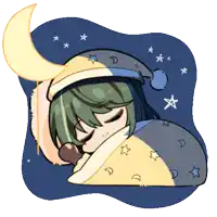 a cartoon drawing of a person sleeping with a crescent moon and stars in the background