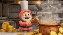 a cartoon character in a chef 's hat is stirring a pot of gold coins