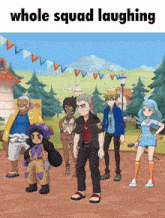 a group of cartoon characters standing next to each other with the words " whole squad laughing " above them