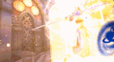 a computer generated image of a person holding a sword in front of a stained glass window
