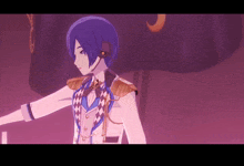 a purple haired anime character wearing headphones