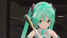a girl with green hair and blue eyes is standing next to a red item