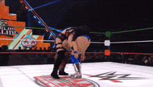 two women wrestling in a ring with a sign that says worlds