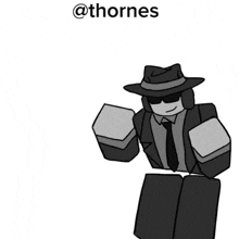 a black and white drawing of a man wearing a hat and sunglasses with the name @thornes above him