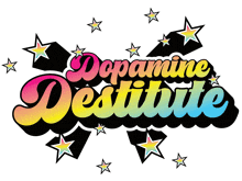 a colorful logo that says dopamine destitute with stars around it