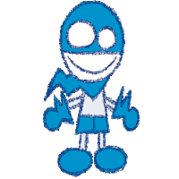 a drawing of a blue cartoon character with big eyes