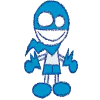 a drawing of a blue cartoon character with big eyes